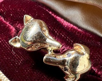 Vintage 14k Yellow Gold Fox and Dog Ring with Sapphire & Diamond Eyes