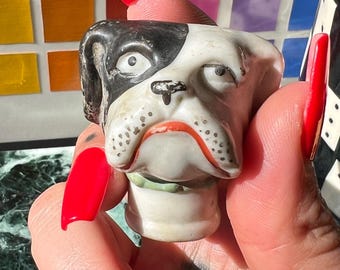 Vintage Porcelain Boston Terrier Dog Head Cane Topper
