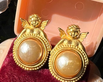 Vintage Karl Lagerfeld Cherub Faux Pearl Clip On Earrings