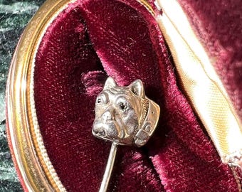 Antique Silver Dog Head Stick Pin With Paste Garnet Cabochon Eyes & Paste Diamond Mouth