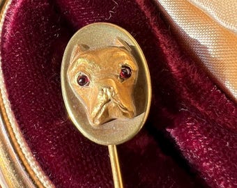 Antique Gold Filled Dog Head Stick Pin With Paste Garnet Cabochon Eyes