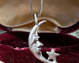 Vintage Sterling Silver Crescent Moon Man & Star Charm