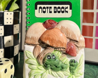 Vintage Ceramic Napkin Or Notebook Holder With Mushrooms And Frogs