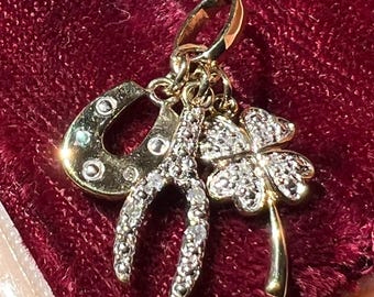 Vintage 10k Gold Diamond Horseshoe, Clover And Wishbone Lucky Charms Charm