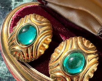 Bold Vintage Faux Emerald Cabochon Gemstone Earrings By Monet