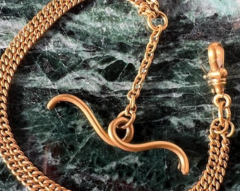 Antique Watch Fob Chain With Double Curb Link, Dog Clasp And Swirled T-Bar