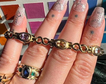 Vintage Milti Gemstone Tennis Bracelet In Gold Plated Sterling Silver