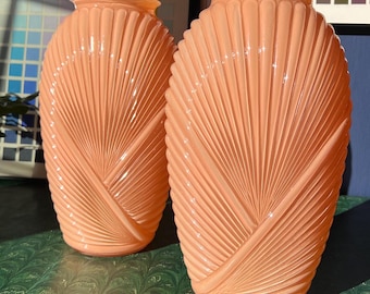 Pair Of 1980's Art Deco Revival Pink Draped Glass Vases