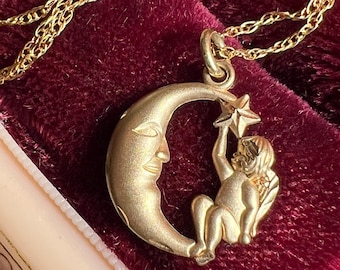 Vintage 14k Yellow Gold Crescent Moon Man And Cherub Charm By Michael Anthony