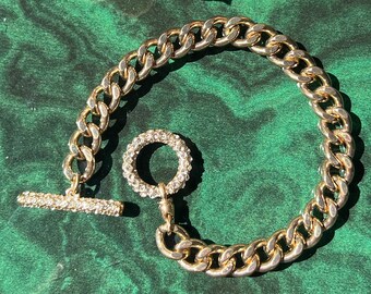 Vintage Avon Curb Chain Bracelet With Rhinestone Toggle In Original Pouch And Box
