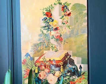 Antique Lithograph Cross With Roses, Bible & "Hope" Anchor