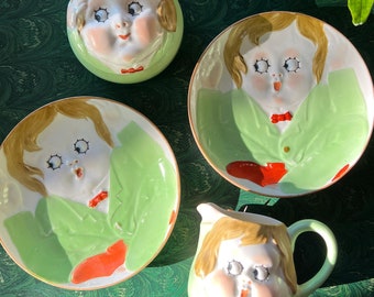 Antique Porcelain Sugar, Creamer and Plate Set "Peek A Boo" By Nippon Japan