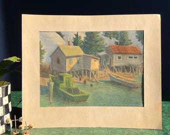 Original Vintage Boats And Houses Landscape Pastel, Signed Ellen Viereck And Dated 1954