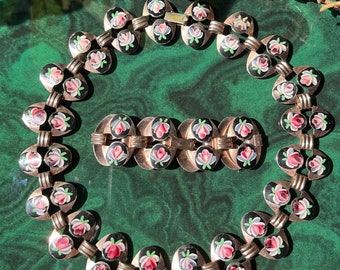 Vintage Pink Rose Patterned Necklace Collar And Bracelet Set