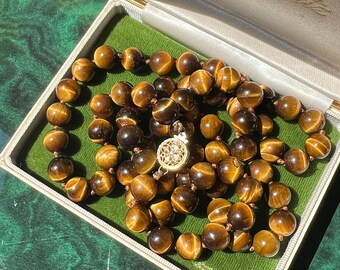 Vintage Tigers Eye Beaded Necklace With 14k Yellow Gold Clasp