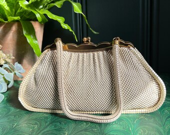 1940's Whiting & Davis Purse In White Mesh With Purple Silk Lining And Brass Hardware