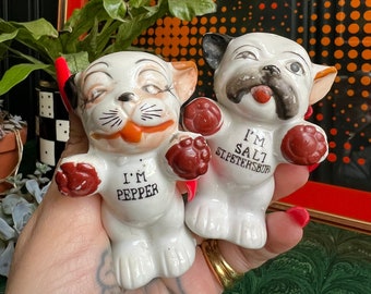 1950's Porcelain I'm Salt & I'm Pepper Bonzo Dog Shakers, Made In Japan