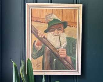 1960's Vintage Oil Portrait Of Bearded, Pipe Smoking Man I Original Frame