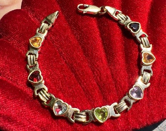 Vintage 14k Yellow Gold Bezel Set Multi-Gemstone Hearts Tennis Bracelet