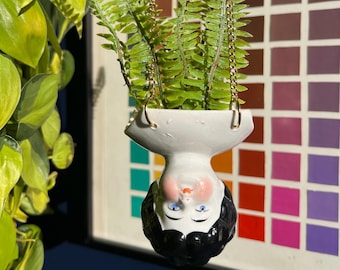 Antique Porcelain Doll Bust Head Hanging Planter With Gold Curb Chain For Air Plants