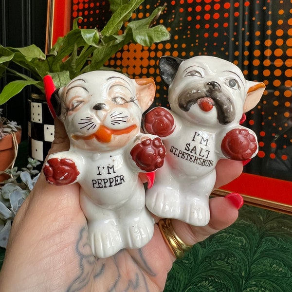 1950's Porcelain I'm Salt & I'm Pepper Bonzo Dog Shakers, Made In Japan