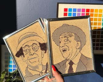 Pair Of Bizarre Vintage Needlepoint Portraits in Original Metal & Wood Frames