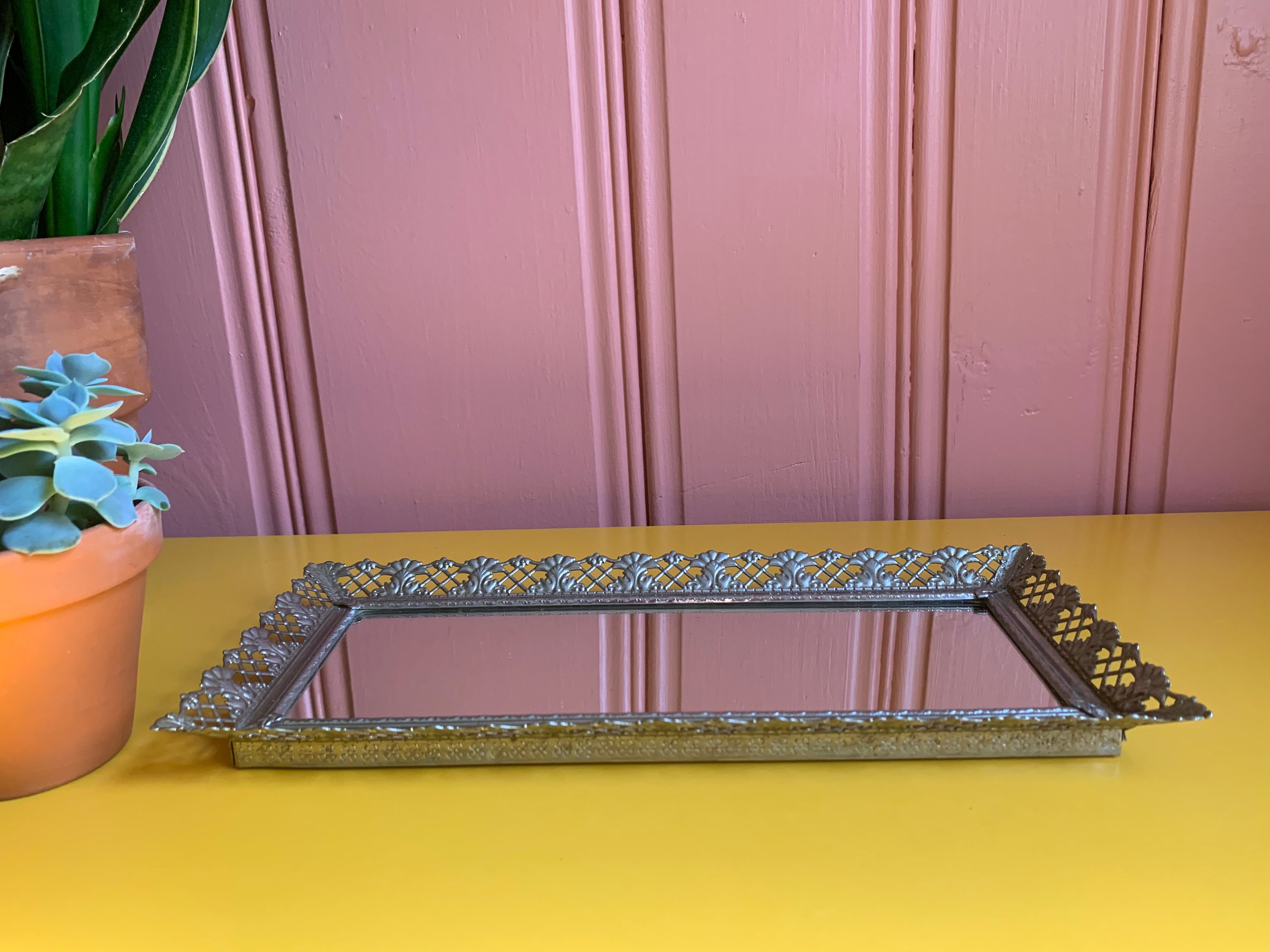 Vintage Mirrored Vanity Tray With Filigree Frame