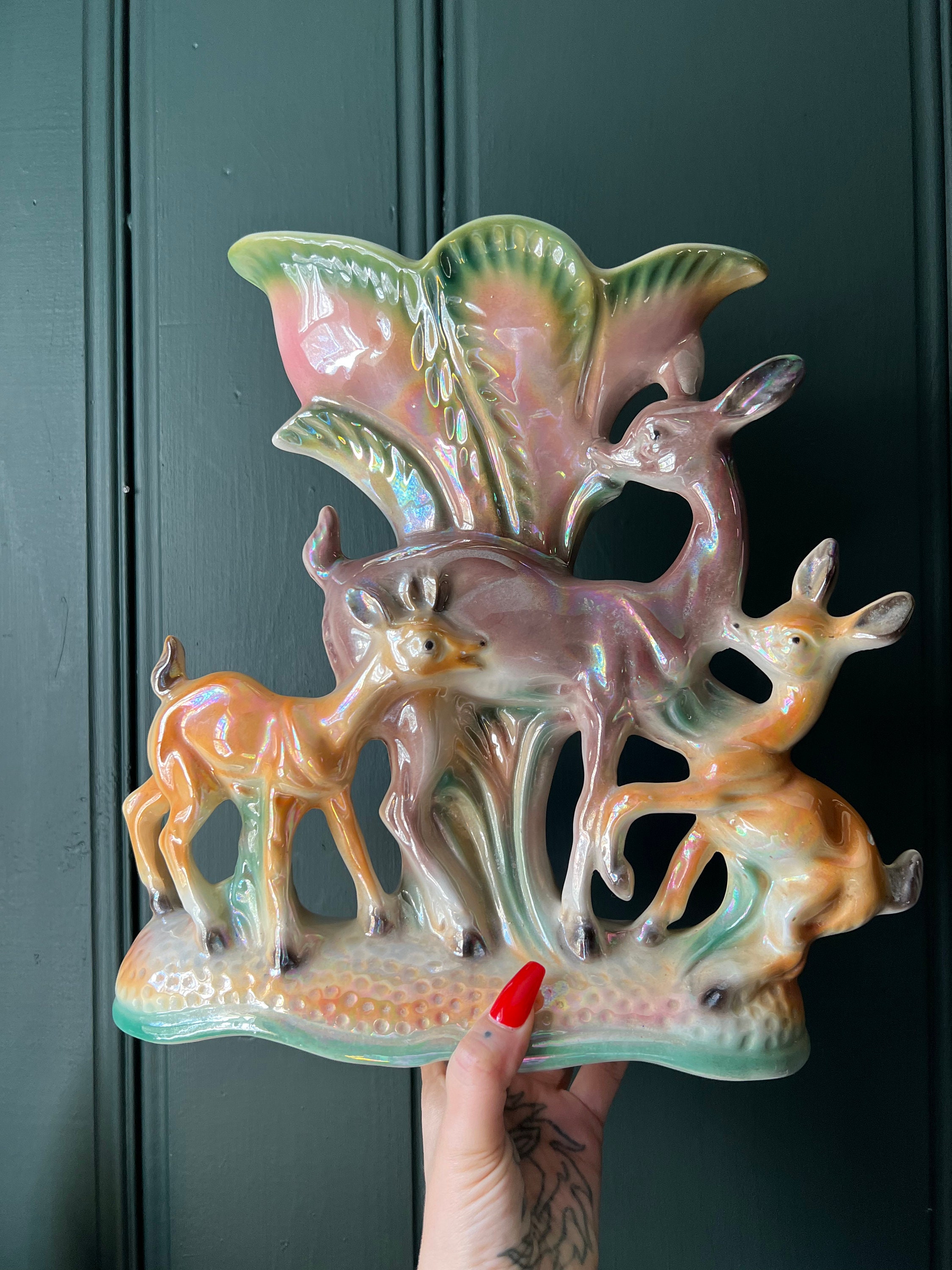 Large Mid Century Italian Lusterware Doe & Deer Vase