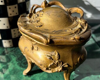 Large Cast Metal Art Nouveau Style Jewelry Casket Box With Footed Base