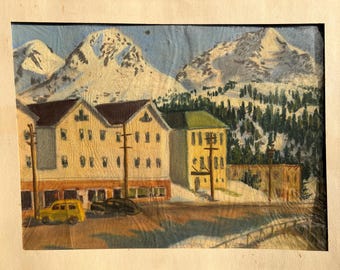 Original Vintage Mountain Town Landscape Pastel, Signed Ellen Viereck And Dated 1954