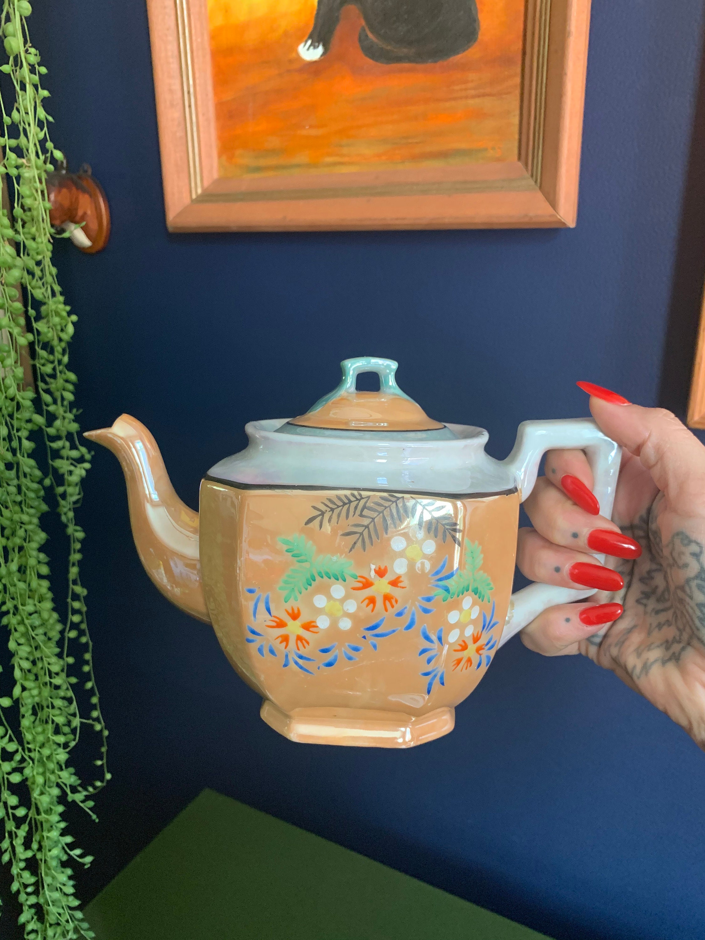 Vintage Hand Painted Japanese Lusterware Tea Pot Creamer Sugar Serving Set