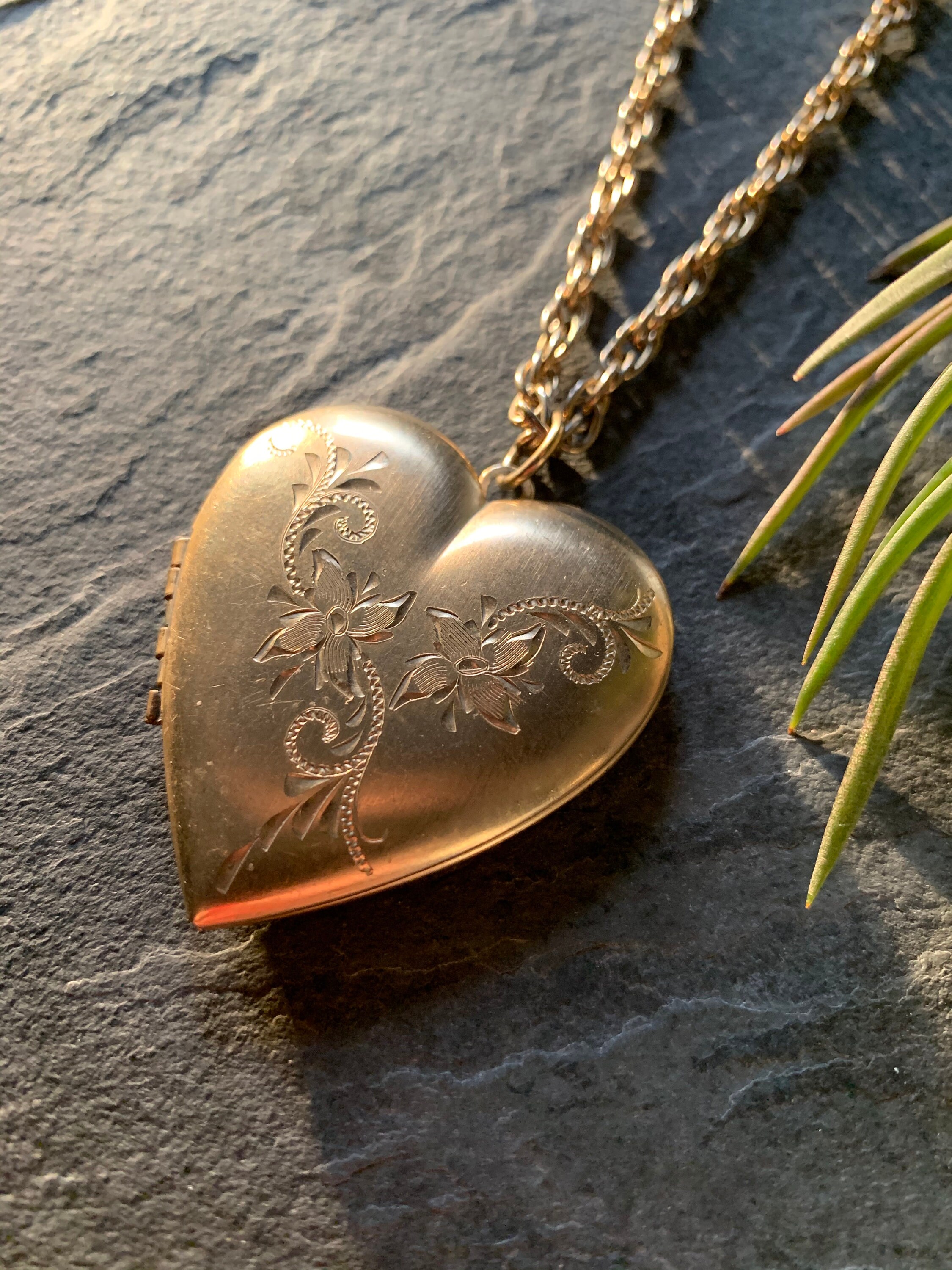 Vintage Oversized Heart Locket Necklace With Floral Engraving