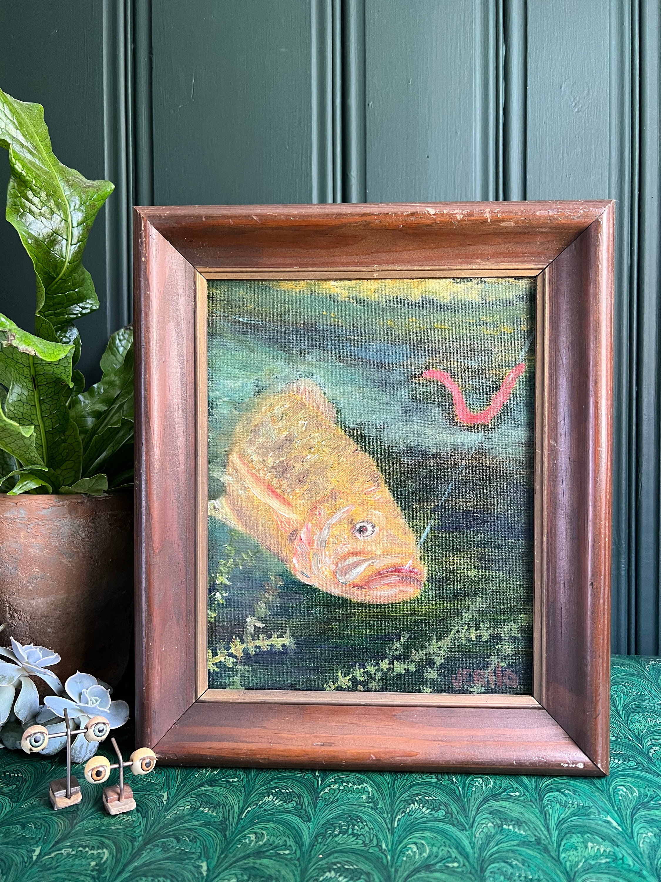 Vintage Oil Painting Of A Fish & Worm In Original Frame