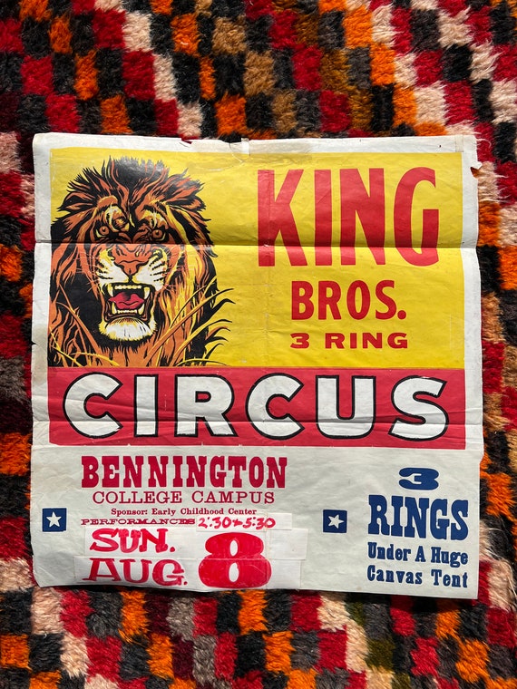 Original Vintage King Bros. Circus Advertisement Poster With Fierce Lion