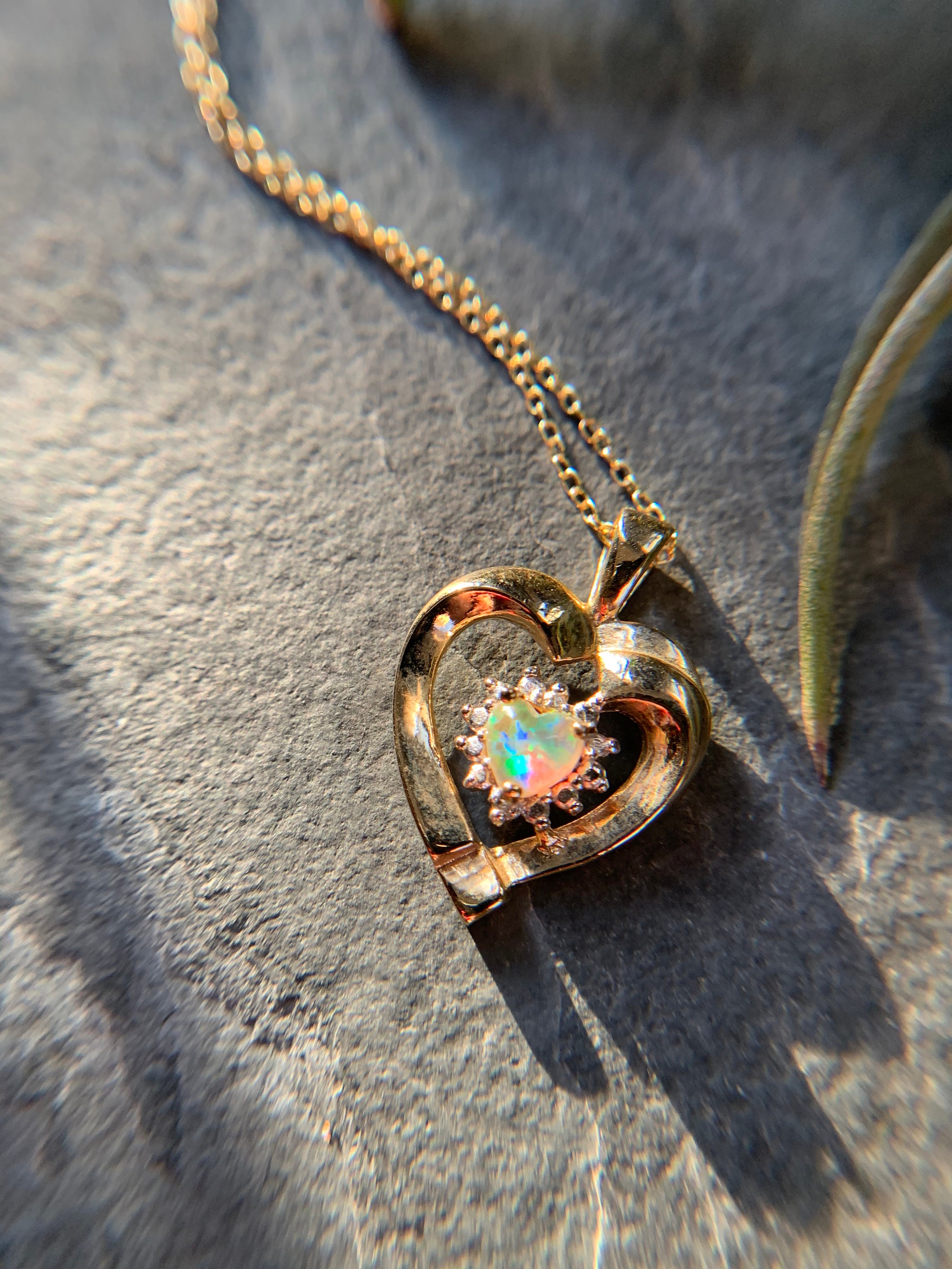 Vintage Gold Plated Heart Pendent Necklace Diamond & Opal