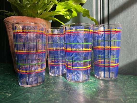 Set Of 4 Plaid Patterned Mid Century Cocktail Glasses