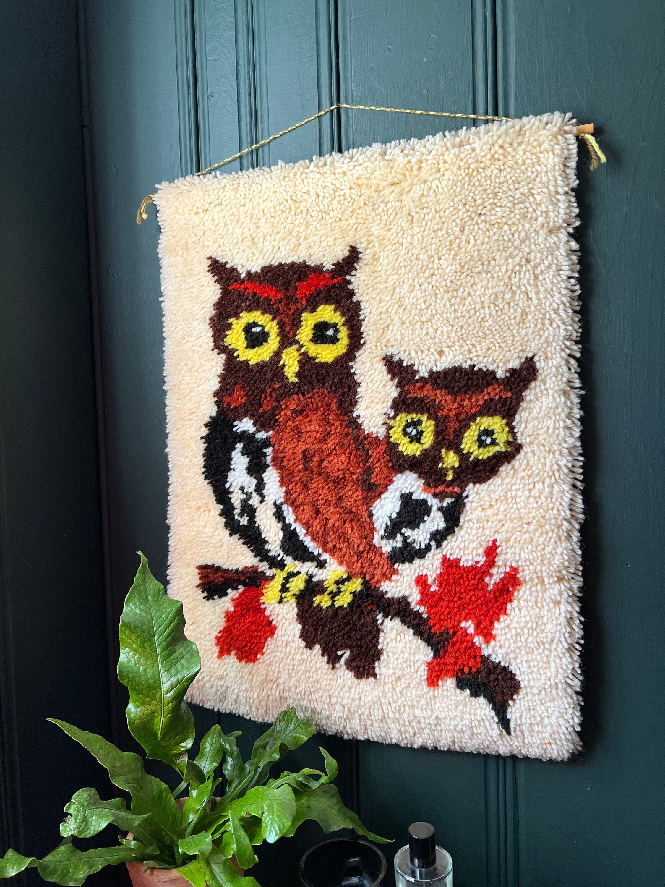Large 1970's Hook Latch Tapestry/ Shag Rug Of Owls