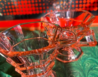 Set Of Two Vintage Art Deco Pink Depression Glass Vessels "Tea Room" By Indiana Glass Company