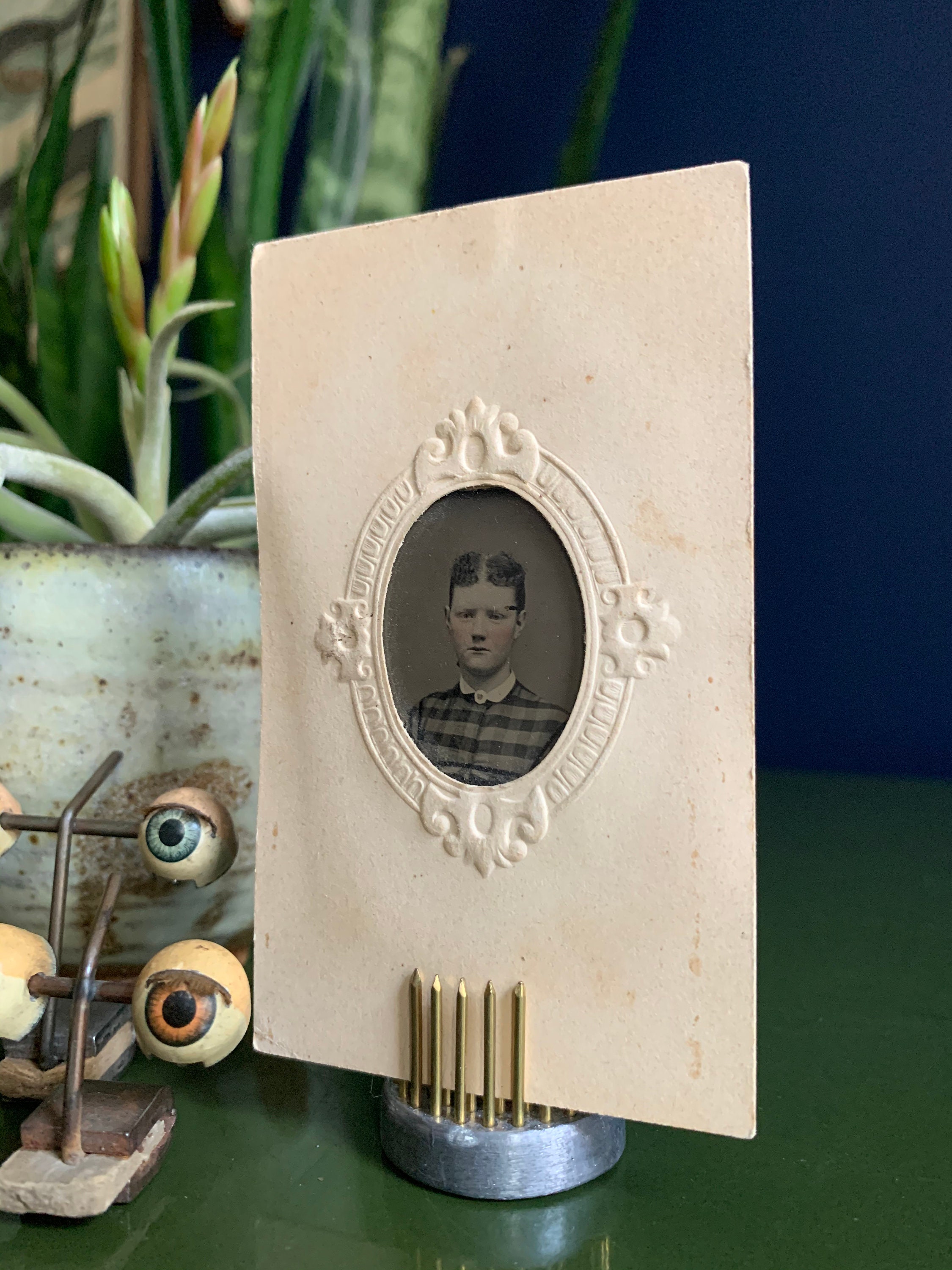 Antique Tintype Portrait In Original Embossed Paper Frame