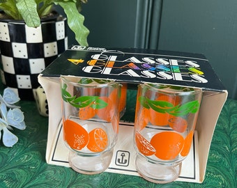 Set Of 4 Vintage Oranges Themed Juice Glasses In Original Display Box By Anchor Hocking