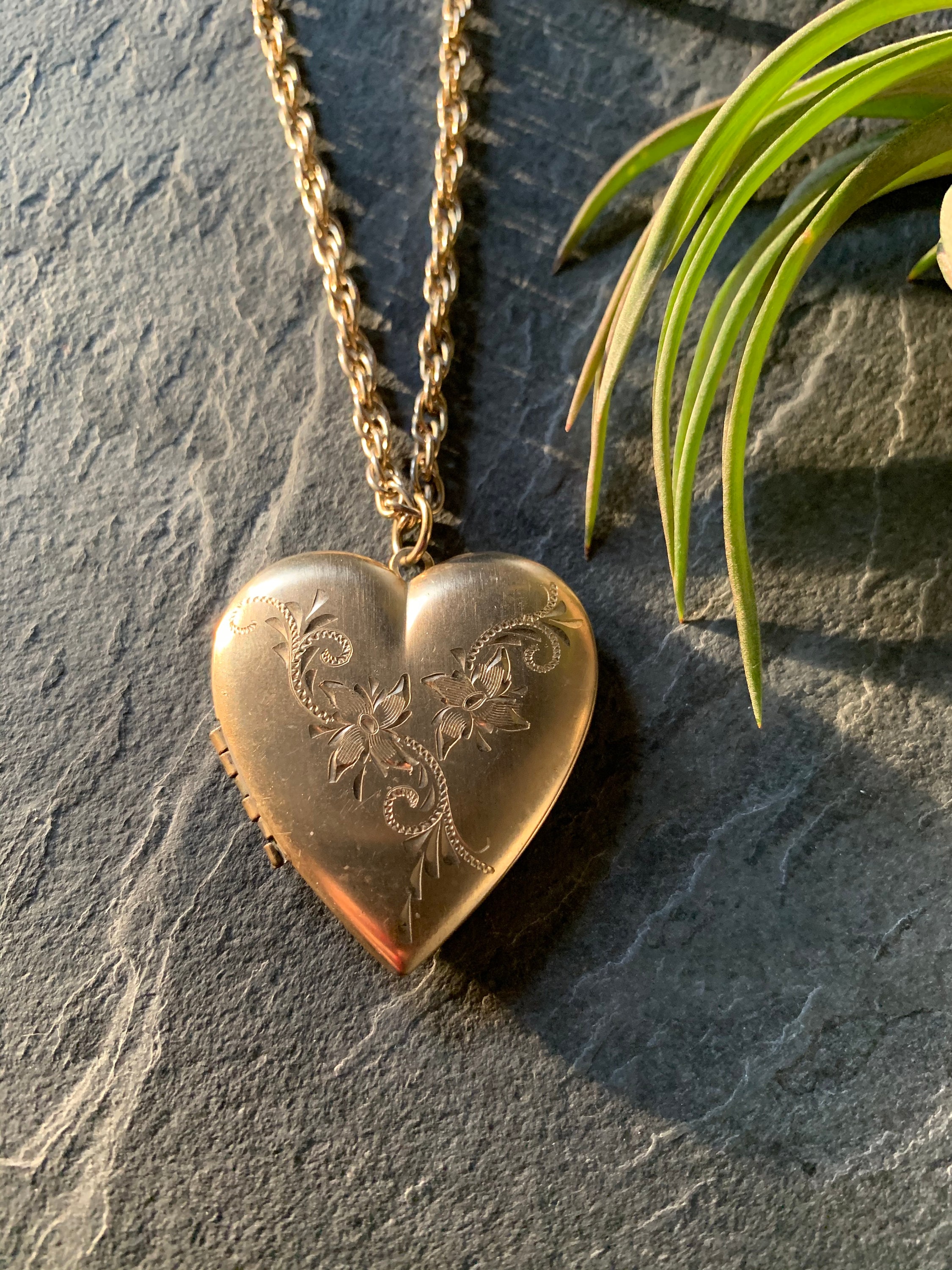 Vintage Oversized Heart Locket Necklace With Floral Engraving
