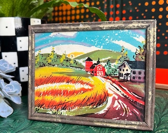Miniature Vintage Farm Scene Lithograph In Old Metal Frame
