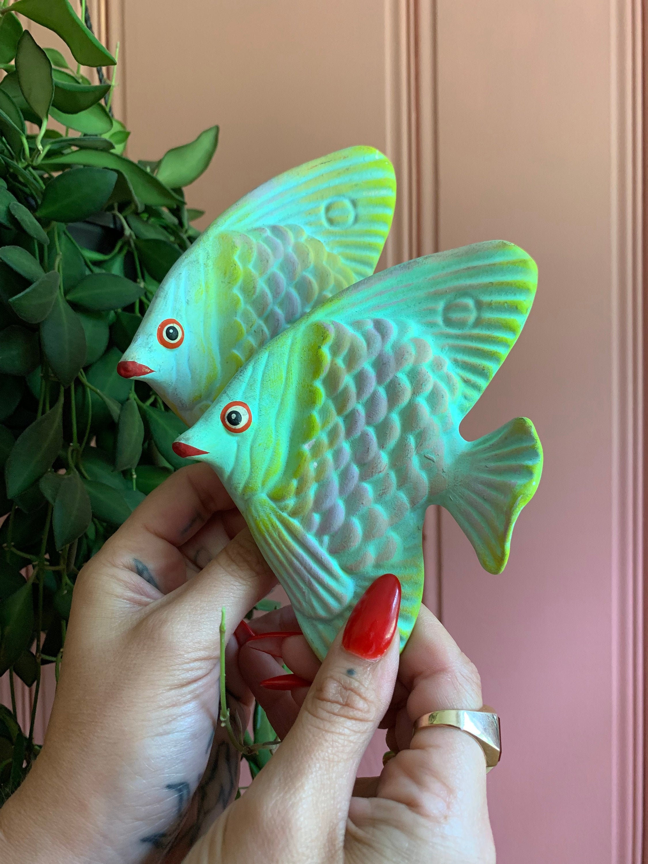 Pair Of Colorful Vintage Ceramic Fish Wall Hangings