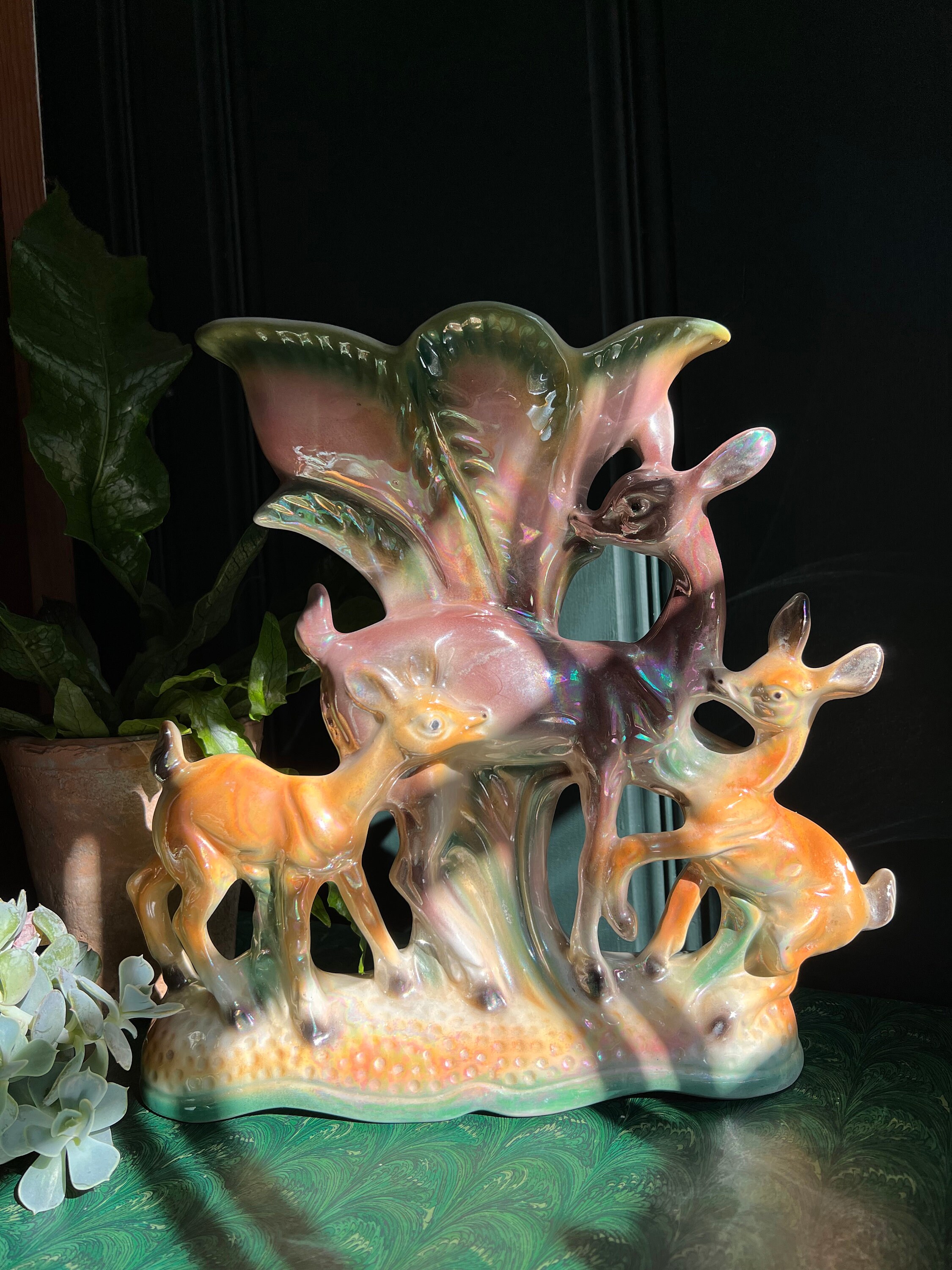 Large Mid Century Italian Lusterware Doe & Deer Vase