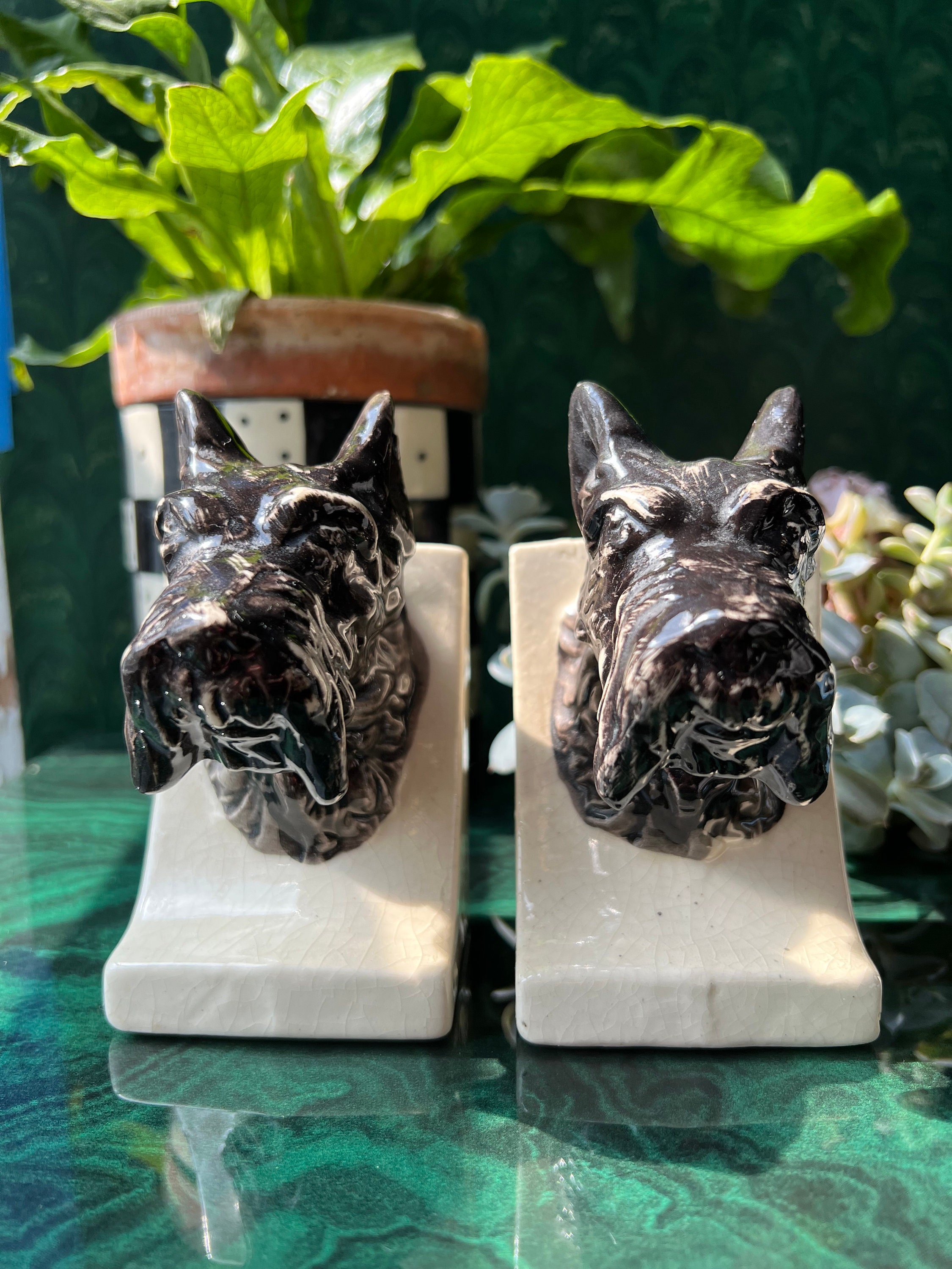 Vintage Ceramic Scotty Dog Head Bookends, Japan