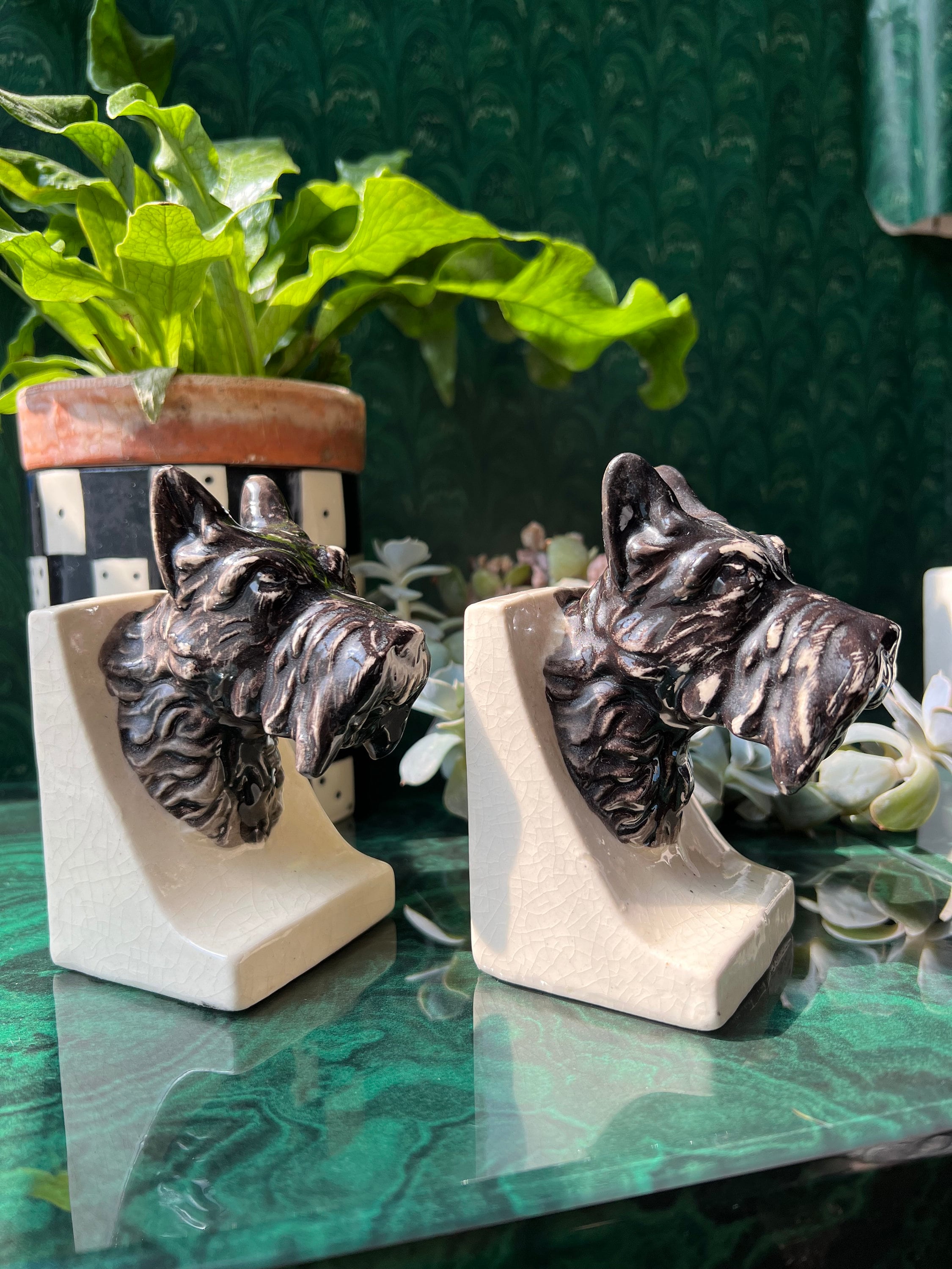 Vintage Ceramic Scotty Dog Head Bookends, Japan