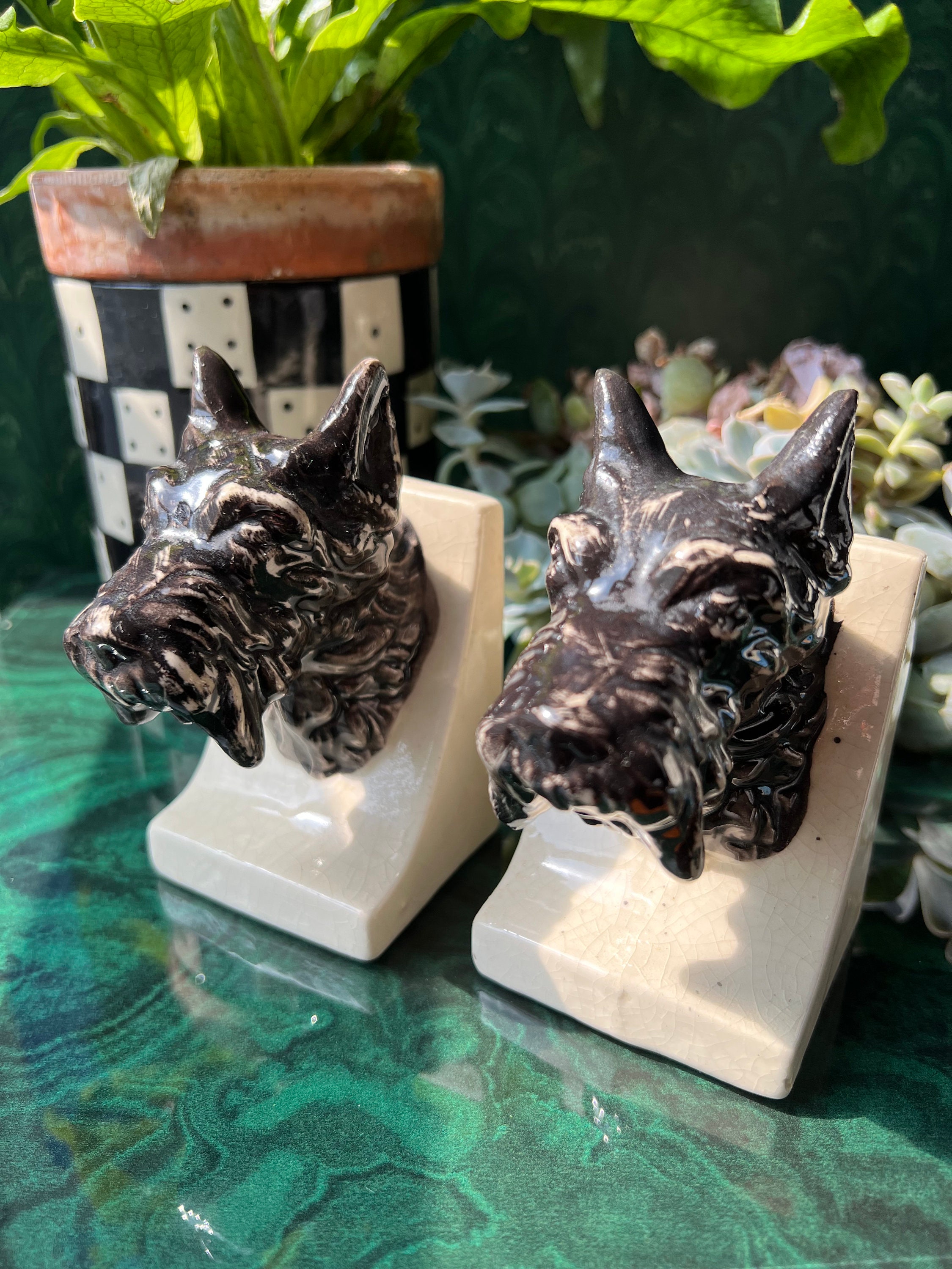 Vintage Ceramic Scotty Dog Head Bookends, Japan