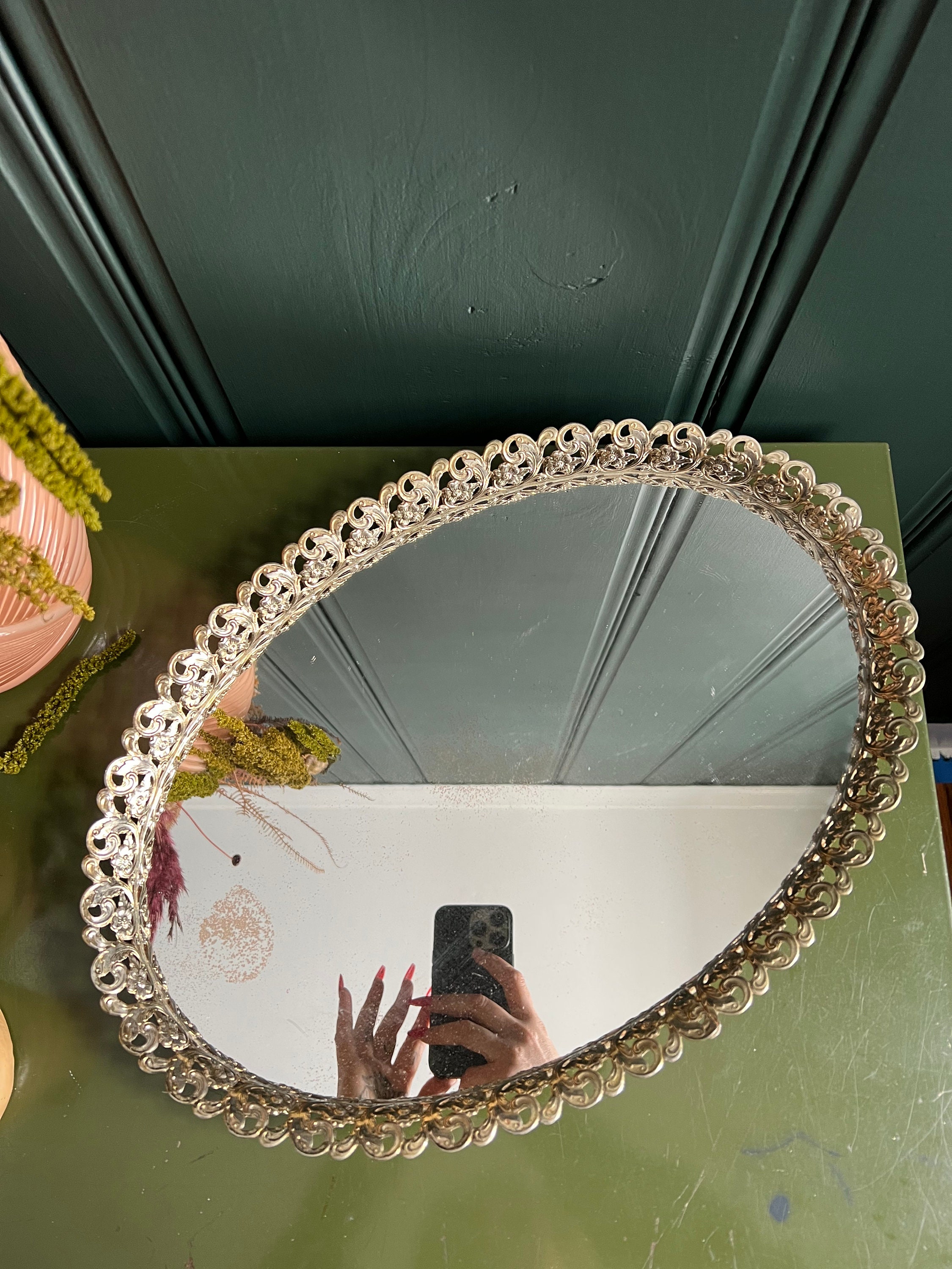 Large Mirrored Vanity Display Tray With Floral Filigree Frame