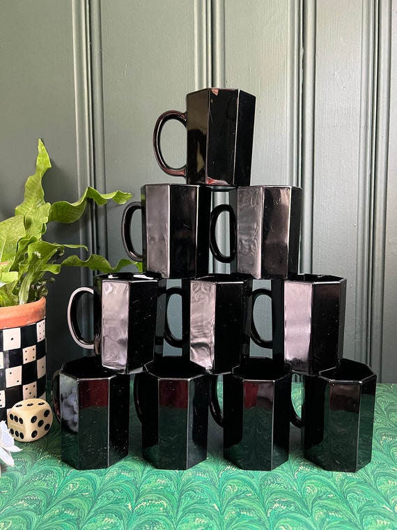 Set Of 10 French "Octime" Faceted Octagon Opaque Black Glass Mugs By Arcoroc France
