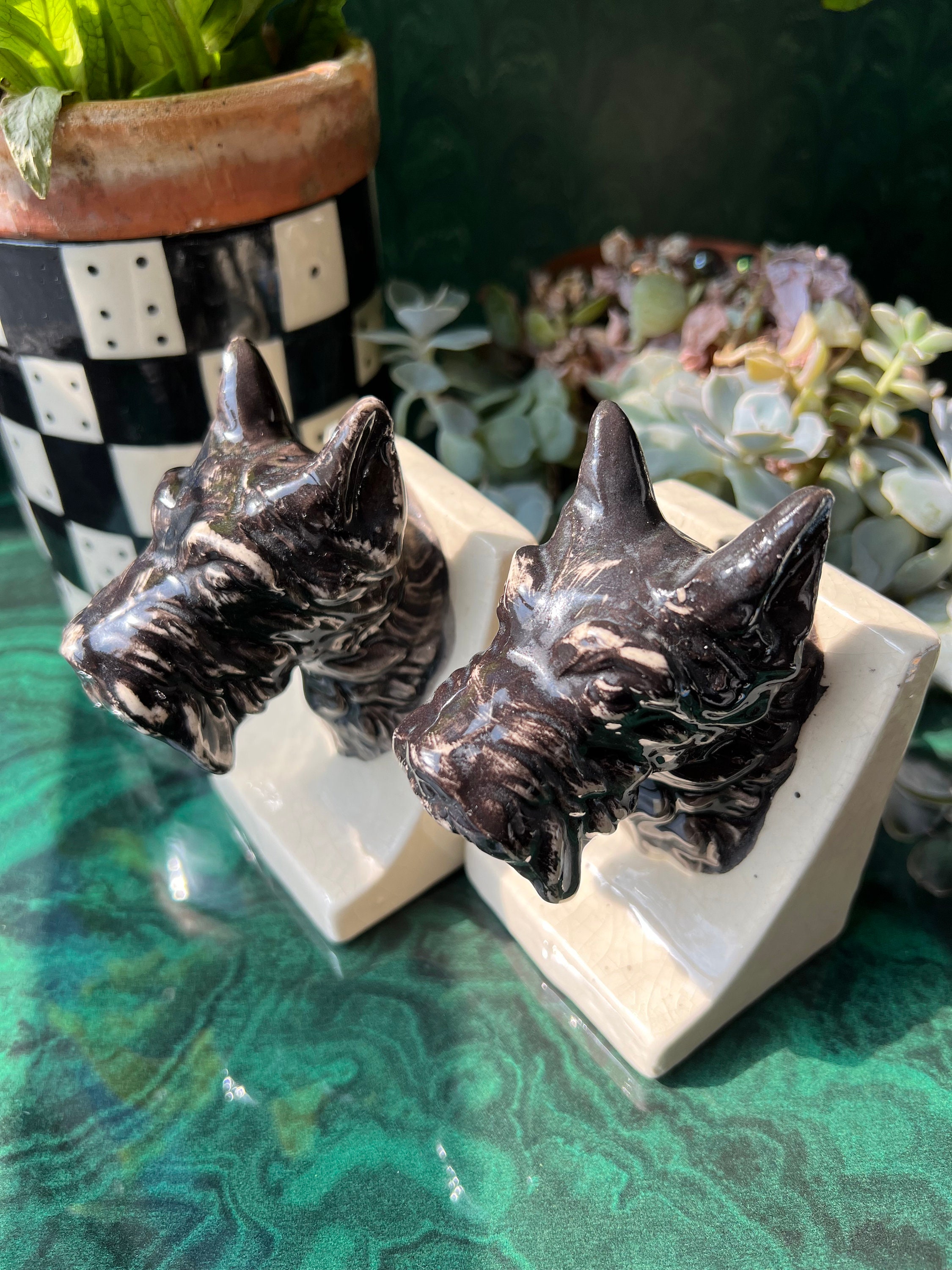 Vintage Ceramic Scotty Dog Head Bookends, Japan